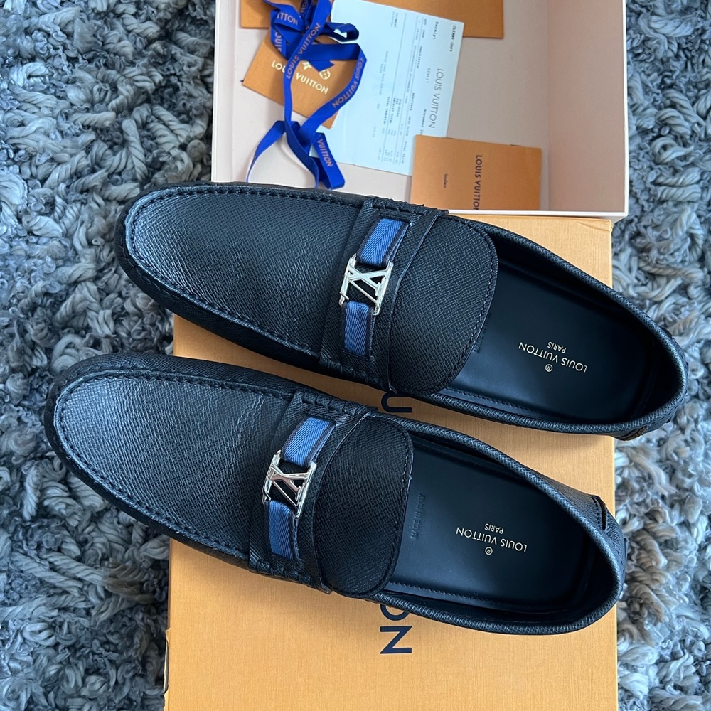 Louis Vuitton Navy Blue Leather Hockenheim Slip On Loafers Size 13